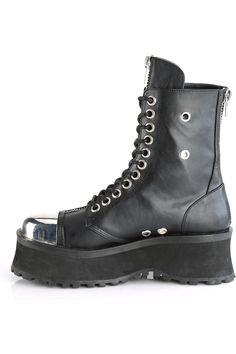 2 3/4" Platform Lace-Up Ankle Boot, Back Metal Zipper - Fit Guide: True to Size - Heel Height: 2 3/4" Platform - Brand: Demonia - Unisex (Sizes are shown in Men's), Women order up 2 Sizes - Country of Origin: Imported Leather Boots With Protective Metal Feet For Concerts, Emo Boots, Hologram Shoes, Grunge Shoes, Demonia Boots, Grunge Boots, Alternative Shoes, Demonia Shoes, Clothes Aesthetic