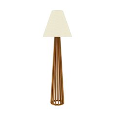 a wooden lamp with a white shade on it