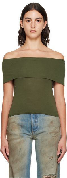 Stretch viscose jersey T-shirt. · Off-the-shoulder construction · Straight neck Supplier color: Green Green Off-shoulder Casual Top, Green Stretch Off-shoulder Top, Casual Summer Off-shoulder Top With Foldover, Spring Off-shoulder T-shirt, Stretch Off-shoulder T-shirt For Summer, Green Fitted Off-shoulder Top, Jersey T Shirt, Apparel Accessories, Off The Shoulder