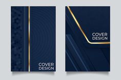 two covers with gold lines and blue background