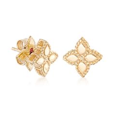 Roberto Coin "Princess Flower" 18kt Yellow Gold Flower Stud Earrings. Founded in Vicenza, the City of Gold in 1977, Roberto Coin jewelry celebrates the elegance of femininity, creativity and craftsmanship. From the "Princess Flower" collection, this refined pair of 18kt yellow gold flower stud earrings show off distinguished details. The contrast between the smooth polished petals and their roped borders gives the pair a charming aura, making them an ideal choice for everyday wear. Made in Italy Luxury Yellow Gold Flower Shaped Diamond Earrings, Luxury Floral Cluster Earrings As Gift, Luxury Flower-shaped Diamond Earrings, Luxury Flower Diamond Earrings, Luxury Yellow Gold Flower Shaped Cluster Earrings, Luxury Yellow Gold Flower Earrings For Formal Events, Luxury Yellow Gold Flower Earrings For Formal Occasions, Luxury Flower Cluster Earrings As Gift, Luxury Flower Cluster Earrings For Gift