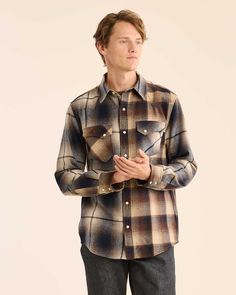 To celebrate 100 years of shirtmaking, we've created a limited-edition wool shirt based on an archival Pendleton style, crafted using surplus fabric from our USA woolen mills. The Gambler Shirt features a shaped Western fit, with unique chest pockets and snap closures. Lined inner yoke and collar band adds extra comfort. Machine washable. Shell: 100% pure virgin wool. Fabric woven in our American mills. Imported of USA fabric. | MEN'S LIMITED EDITION GAMBLER SHIRT Classic Wool Shirt With Button Closure, Classic Wool Shirt For Fall, Classic Plaid Wool Tops, Classic Long Sleeve Wool Flannel Shirt, Classic Wool Flannel Shirt For Winter, Plaid Wool Long Sleeve Shirt, Wool Long Sleeve Flannel Shirt With Button Closure, Classic Plaid Wool Flannel Shirt, Classic Wool Plaid Flannel Shirt