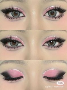 Pink Black Eye Makeup, Pink Alt Makeup Looks, Pink Makeup Looks Hooded Eyes, K 12 Makeup, My Melody Inspired Makeup, Pink Mascara Looks, Cutesy Makeup Looks, Pink And Grey Makeup, Trilogy Tour Makeup Ideas