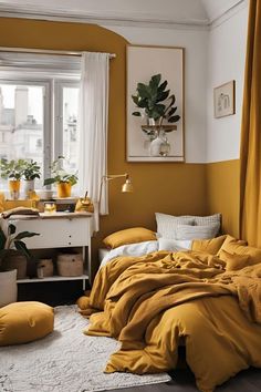 a bedroom with yellow and white walls, plants on the window sill, and bed linens