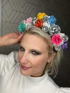 Celebrate in style with this mamma Mia inspired disco headband! Let's face it, who doesn't want to be the belle of the disco ball?!? Check out these white glittered flowers paired with smaller bright colorful glittered flowers and complete with various disco balls! You will shine bright in the light and be the stand out of the crowd! insanely comfortable, and an attention-grabber! perfect for studio 54 themed parties, birthday parties, 60s parties, 70s parties, bachelorette parties, disco partie Abba Headband, Mamma Mia Inspired Photoshoot, White Carnival Headpieces For Party, Multicolor Headband For Spring Party, Playful Hair Accessories With Matching Headband For Parties, White Carnival Party Headpiece, Disco Headband, Mama Mia Dancing Queen Birthday, Multicolor Hair Accessories With Matching Headband For Party