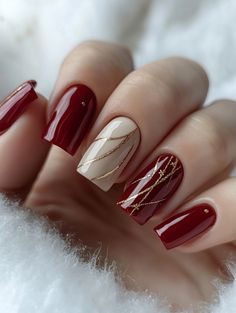 Nails 2024 Trends Holiday, Holiday Manicure Ideas Classy, Maroon And Gold Christmas Nails, December Nails Christmas 2024, Present Bow Nails, Holiday Nails Burgundy, Burgundy Nails Christmas, Holiday Nail Designs Winter Simple, Holiday Nails Ideas