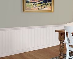 a table and chairs in a room with a painting on the wall