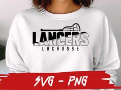 a woman wearing a white sweatshirt with the words lancers across it