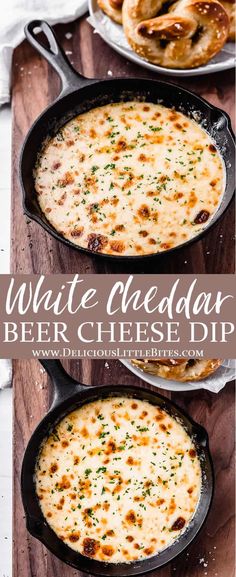 white cheddar beer cheese dip in a cast iron skillet