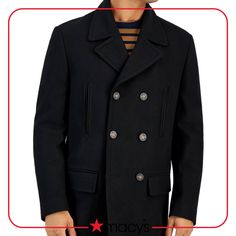 in stock Black Double-breasted Military Outerwear, Black Business Peacoat With Buttons, Classic Black Double-breasted Pea Coat, Black Double-breasted Peacoat With Button Closure, Black Peacoat With Double Button Closure For Business, Classic Black Pea Coat For Cold Weather, Casual Black Double-breasted Peacoat, Black Double-breasted Sport Coat With Button Closure, Black Double-breasted Winter Sport Coat