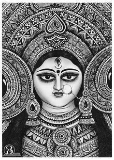 a black and white drawing of a woman's face with ornate designs on it