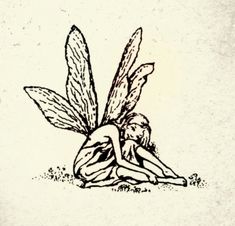 a black and white drawing of a fairy sitting on the ground