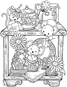 a black and white drawing of two mice in a teapot with flowers on the shelf