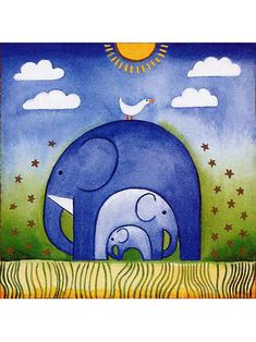 an elephant and its baby are standing in the grass with birds on top of it