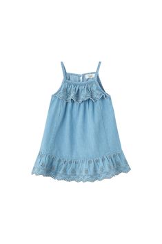 Just what every wardrobe needs! Our cotton chambray dress with embroidery details and a ruffle tier is a warm weather staple. Machine wash cold and tumble dry low 100% Cotton Cute Cotton Embroidered Spring Dress, Cute Spring Embroidered Cotton Dress, Spring Cotton Ruffled Sundress, Spring Cotton Sundress With Ruffles, Beach Cotton Dress With Ruffle Hem, Beach Dress With Ruffle Hem In Cotton, Casual Cotton Sundress With Ruffles, Casual Cotton Sundress With Ruffle Hem, Sleeveless Cotton Ruffle Summer Dress