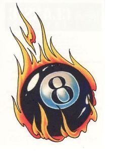 a billiard ball with flames and the number eight on it's back side