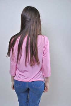 "Vintage pink minimalist blouse, 90s Italian pullover shirt, Size L Welcome to TARASCOMMON.ETSY.COM Unique clothing from the 20th century. Model tall - 170cm L. Sleeve - 32cm / 12.59inch; ( armpit to end of sleeve); Width - 46cm / 18.11inch; Length - 56cm / 22.04inch. All measurements are taken seam to seam while lying flat. Acetat/ Elastan. Made in Italy. This item is vintage, so it can have some defects. Additional photos can be send We are glad that you are interested in lots that we sell. Wi Pink Long Sleeve Stretch T-shirt, Pink Stretch Crew Neck Shirt, Pink Stretch Cotton Shirt, Pink Relaxed Fit V-neck Shirt, Stretch Cotton Pink Shirt, Pink Casual Long Sleeve Crew Neck Top, Casual Pink Crew Neck Long Sleeve Top, Casual Pink Long Sleeve Crew Neck Top, Casual Pink Stretch Long Sleeve Top