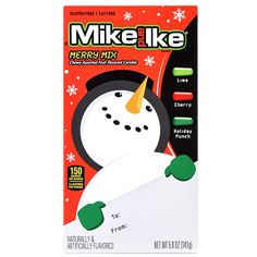 a box of milk like merry mix with a snowman in the front and green leaves on