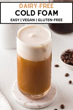 Dairy-free cold foam with text on image for Pinterest sharing. Nondairy Cold Foam, Oatmilk Cold Foam Recipe, Dairy Free Pumpkin Cold Foam, Oatmilk Cold Foam