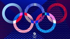 the olympic rings are depicted in an abstract style with wavy lines and geometric shapes on a blue background