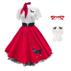 PRICES MAY VARY. Our 7-Piece 50’s Vintage Costume Set: Comes with a women’s poodle skirt, a chiffon scarf, a polo shirt with a poodle applique, a crinoline petticoat, an elastic cinch belt, a set of white socks with our poodle applique on the cuffs, and cateye glasses Perfect For Sock Hops & Decade Dances: Whether you’re going to a sock hop, decades dance, or 50s-themed party, you’ll fit right in with this vintage-inspired costume. Get ready to twist and shout and rock ‘n’ roll in your complete Poodle Skirts 1950, 50s Themed Outfits, 1950s 60s Fashion, 50s Halloween Costume Couple, 60s Dance Outfit, 50s Decade Day Outfits, Sock Hop Outfits For Women, 50s Costume Ideas, 50s Theme Outfit