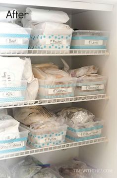 an open refrigerator filled with lots of diapers and other items in plastic bags on the shelves