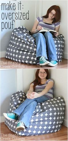 a woman sitting on top of a bean bag chair