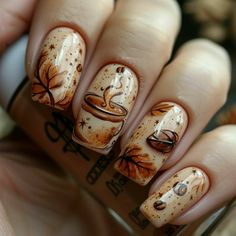 Fall Coffee Nails, Brown Mushroom Nails, Iced Coffee Nails, Coffee Nails Designs, Coffee Nail Art, Coffee Nails, Short Nails Art, Seasonal Nails