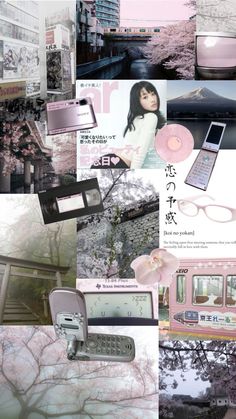 a collage of pink and black images with cell phones, laptops, books