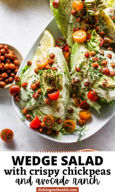 wedge salad with crispy chickpeas and avocado ranch on a white plate