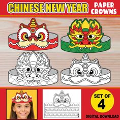 the chinese new year paper crowns are available in four different colors and designs, including dragon head