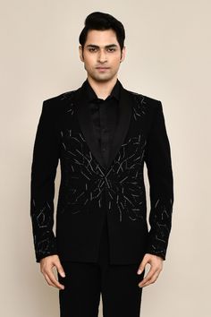 Black tuxedo with cutdana embroidery in abstract pattern. Paired with trouser. - Aza Fashions Embroidered Tuxedo, Cutdana Embroidery, Cocktail Reception, Black Tuxedo, Shawl Collar, Aza Fashion, Full Sleeve, Abstract Pattern, Types Of Sleeves