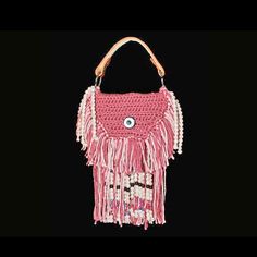 Southwestern Style Crochet Beaded and Fringed Top Handle Bag, Hand Tooled Leather Handle, Leather interior  A gorgeous top handle handbag in Rose and Pink.  This bag has a hand-tooled leather handle, leather interior, with fringe and beads.  This is boho chic at it's best.  Like retro, take a step back in time with this hippie bag.  Let your bohemian spirit soar by taking this bag on your adventures.  This is a fun and exciting handbag. Size:   13 inches from handle to fringe bottom   The Handba Hippy Bag, Gifts Board, Boho Handbags, Leather Hobo Handbags, Hippie Bags, Gorgeous Leather, Top Handle Handbags, Hand Tooled Leather, Unique Bags