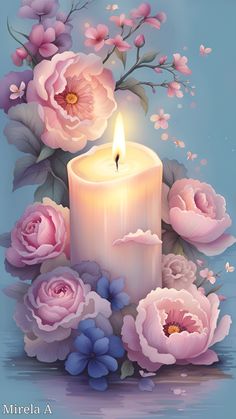 a painting of a lit candle surrounded by pink and purple flowers on a blue background