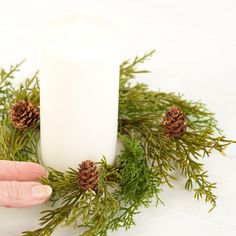 a person holding a candle with pine cones on the top and evergreen branches around it