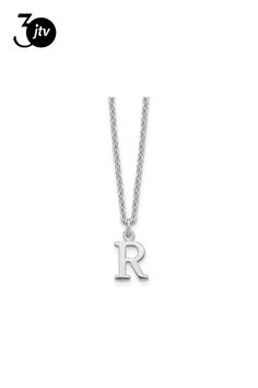 Rhodium over sterling silver cut-out letter "R" initial necklace with polished finish and lobster claw clasp. Chain measures approximately 18"L x 1/16"W, charm measures 7/16"L x 1/4"W.