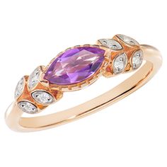 Presented A lovely set of Amethyst for people who value quality and want to wear it to any occasion or celebration. The rose gold Amethyst Fancy Ring adorned with diamonds offer a classic yet elegant appearance. Amethyst Fancy Ring in 14Karat Rose Gold with White Diamond. Amethyst: 0.45 carat, 8X4mm size, marquise shape. White Diamond: 0.05 carat, 1.25mm size, round shape, G color, VS clarity. Gold: 2.97g, 14Karat Rose Gold. R1501 Marquise Rose Gold Diamond Ring, Rose Gold Amethyst Ring With Gemstone Accents For Anniversary, Luxury Gold Amethyst Ring With Diamond Accents, Marquise Rose Gold Diamond Ring With Gemstone, Rose Gold Amethyst Ring With Gemstone Accents, Rose Gold Amethyst Ring Fine Jewelry, Amethyst Diamond Ring In Rose Gold, Fine Jewelry Amethyst Ring In Rose Gold, Rose Gold Marquise Diamond Ring With Gemstone