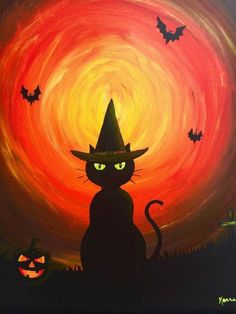 a painting of a black cat wearing a witch's hat with bats in the background