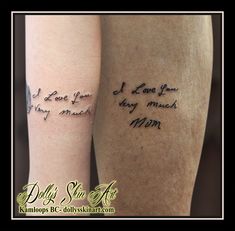 two people with tattoos on their legs that say i love you and they may be married