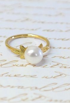 Gold Leaf Pearl Ring, Pearl Engagement Ring, Pearl Bridesmaid Jewelry, Stacking Ring, Greek Ring, Pe White Gold Open Ring Jewelry For Wedding, Elegant Gold Pearl Ring For Wedding, Dainty Open Ring Jewelry For Wedding, 14k Gold Open Ring Jewelry For Wedding, Dainty Open Ring Wedding Jewelry, Elegant Wedding Ring Jewelry, Delicate Open Ring For Wedding, Dainty Pearl White Ring For Anniversary, Exquisite Gold Pearl Ring For Wedding