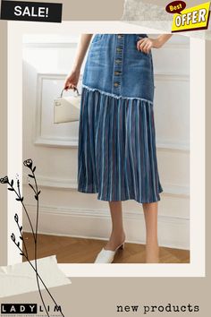 Modern Blue High Waist Sashes Asymmetrical Patchwork Cotton Denim Skirts Summer Pleated Jeans, Skirts Vintage, Midi Denim, Skirts Women, Denim Skirts, Vintage Elegant, Chiffon Blouse, Jean Skirt, Layered Look