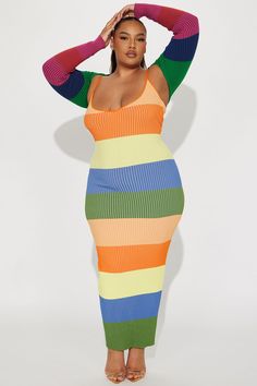 Available In Multi Color. Sweater Maxi Dress Set Adjustable Spaghetti Straps V-Neckline Stripe Pattern Long Sleeve Bolero Included Stretch 72% Viscose 28% Nylon Imported | Mia Sweater Maxi Dress Set size XS by Fashion Nova Fitted Multicolor Maxi Dress For Beach Cover-up, Multicolor Maxi Length Beach Dress Cover-up, Multicolor Long Free Size Cover-up, Multi Color Sweater, Colorful Stripe Sweater Dress, Multicolor Maxi Length Beach Cover-up Dress, Sleeve Bolero, Xl Fashion, Sweater Maxi Dress