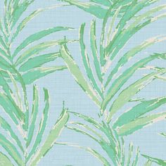 a blue and green wallpaper with palm leaves