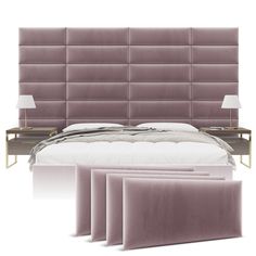 an image of a bedroom setting with bed, nightstands and headboard in shades of pink