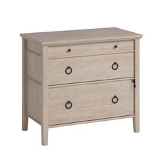 a white dresser with two drawers on one side and an open drawer on the other