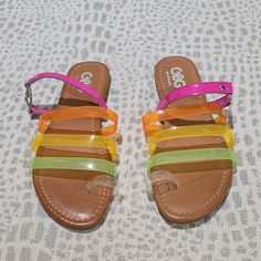 New With Tag Gbg Los Angeles Summer Sandals, Multicolored Jelly Straps, Slide On, Colors Are Hot Pink Orange Yellow Green, Clear Toe Ring, Size 7, New Never Worn, No Box Included. Fun Yellow Synthetic Sandals, Pink Non-slip Summer Jelly Sandals, Multicolor Open-toe Jelly Sandals For Summer, Multicolor Slip-on Sandals With Rubber Sole, Yellow Synthetic Sandals With 4-inch Heel, Walker Boots, Rain And Snow Boots, Toe Rings, Fit N Flare Dress