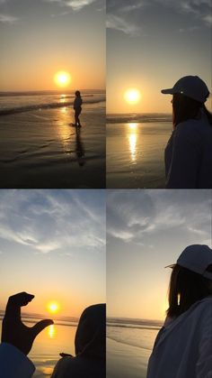 four pictures of people on the beach at sunset