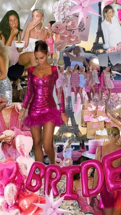 a collage of women in pink dresses and balloons with the word prop spelled out