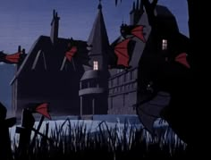 an animated scene with two people in front of a building and bats flying from the roof