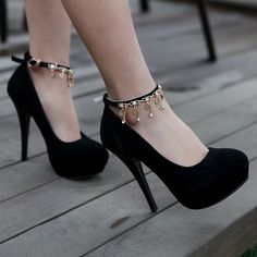 Black Women Platform Pumps Chains Tassel Ankle Straps High Heels Stiletto Heel Shoes Woman Shoes Trends, Preppy Shoes, Stil Boho, Wedding Shoes Heels